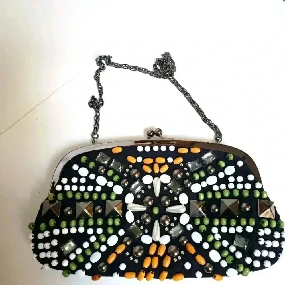 Bloomingdales black multi color beaded chain clutch bag